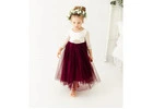 Burgundy & White Flower Girl Dress, Lace Top Tulle Skirt, Long Sleeve Wedding Dress, Floor Length Wi