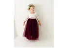 Burgundy Tulle Long Sleeve Flower Girl Dress, White Lace Wedding Dress for Girls, Floor Length Maroo